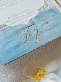 Suite de invitación de boda con bolsillo de acuarela Santorini | Comisión personalizada de frutas y hortalizas