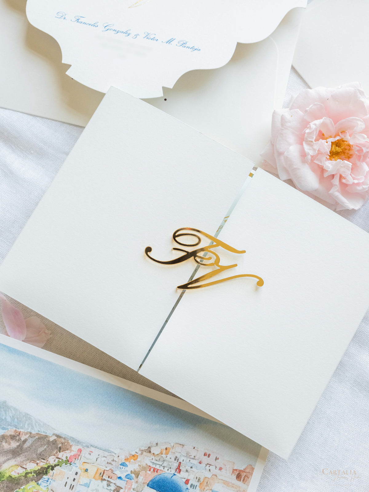 Suite de invitación de boda con bolsillo de acuarela Santorini | Comisión personalizada de frutas y hortalizas