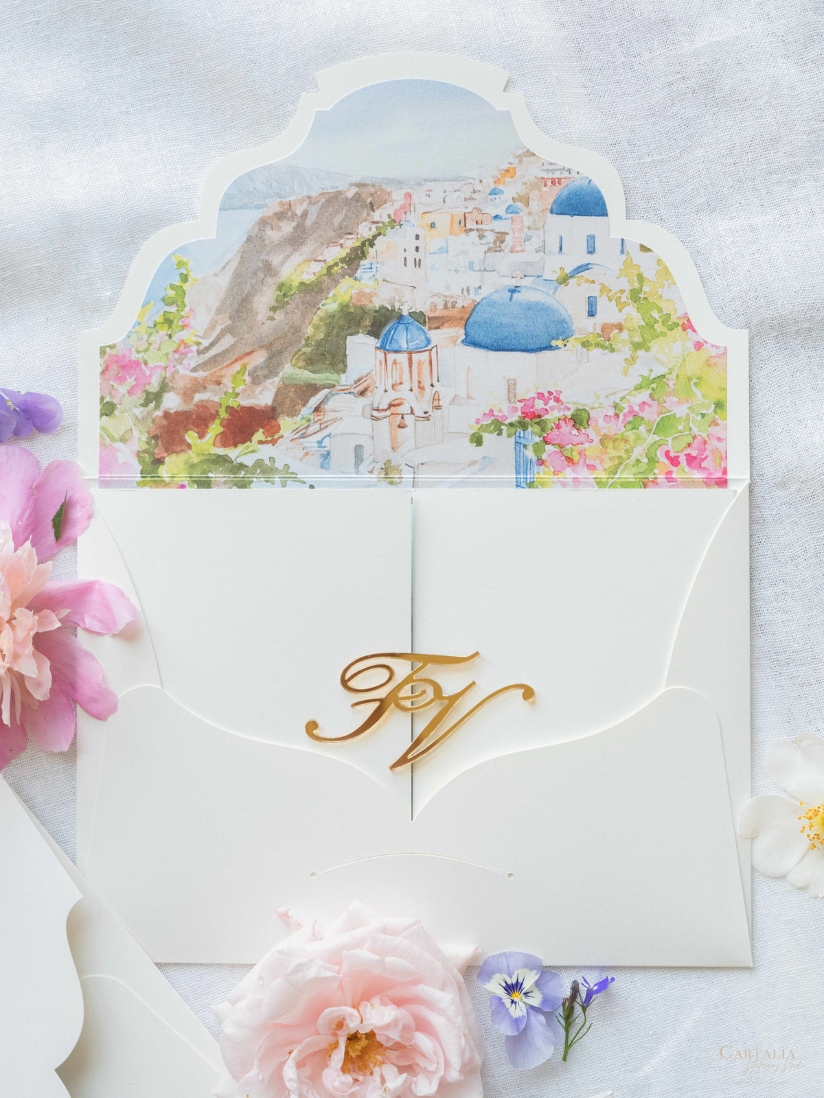 Suite de invitación de boda con bolsillo de acuarela Santorini | Comisión personalizada de frutas y hortalizas