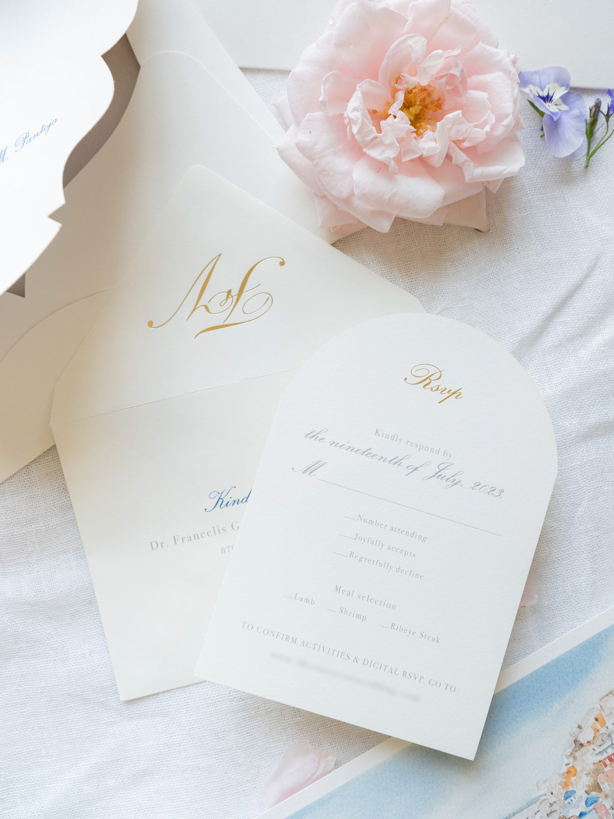 Suite de invitación de boda con bolsillo de acuarela Santorini | Comisión personalizada de frutas y hortalizas