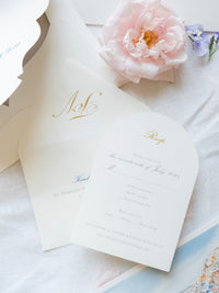 Suite de invitación de boda con bolsillo de acuarela Santorini | Comisión personalizada de frutas y hortalizas