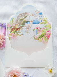 Suite de invitación de boda con bolsillo de acuarela Santorini | Comisión personalizada de frutas y hortalizas