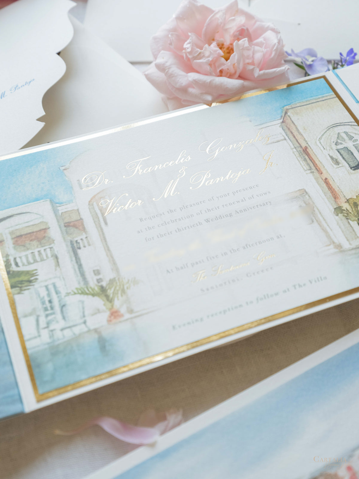 Suite de invitación de boda con bolsillo de acuarela Santorini | Comisión personalizada de frutas y hortalizas
