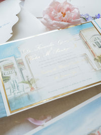 Suite de invitación de boda con bolsillo de acuarela Santorini | Comisión personalizada de frutas y hortalizas
