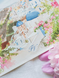 Suite de invitación de boda con bolsillo de acuarela Santorini | Comisión personalizada de frutas y hortalizas