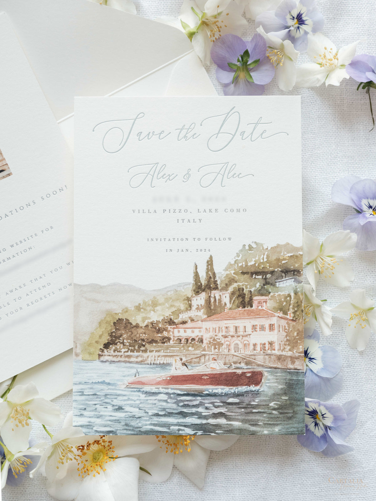 Luxury Hand Painted Save The Date with Venue Watercolour & Wax Seal | Villa Pizzo, Lake Como, Italy
