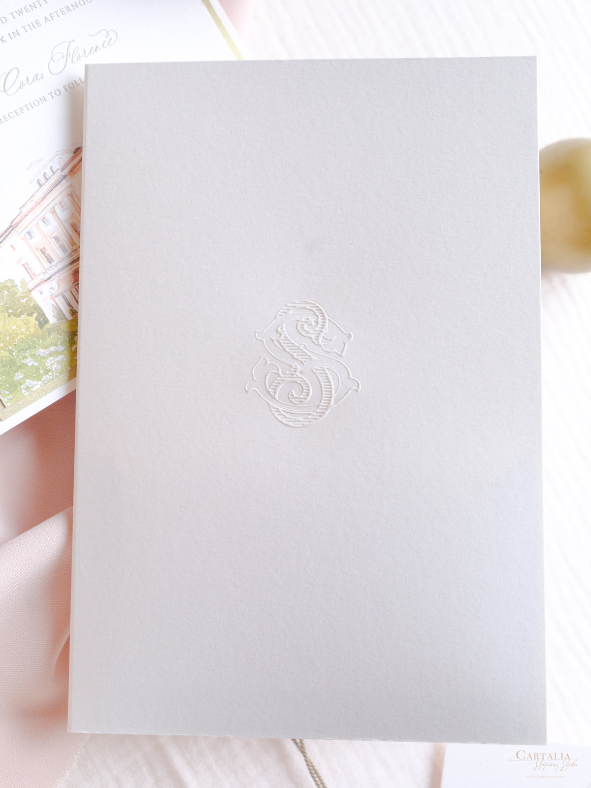 Wedding Invitation Pocket for Villa Cora, Florence, Italy | Letterpress & Embossed Monogram | Bespoke Commission for S&S
