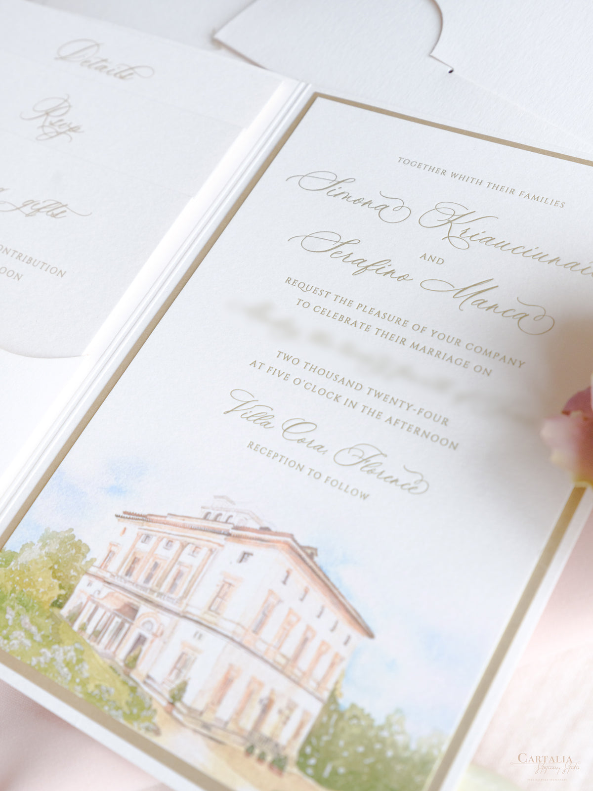 Wedding Invitation Pocket for Villa Cora, Florence, Italy | Letterpress & Embossed Monogram | Bespoke Commission for S&S
