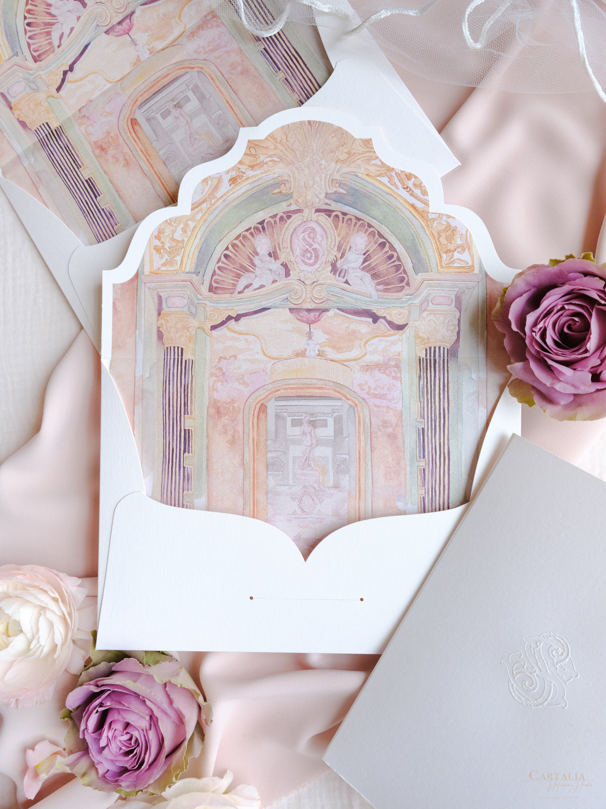 Wedding Invitation Pocket for Villa Cora, Florence, Italy | Letterpress & Embossed Monogram | Bespoke Commission for S&S