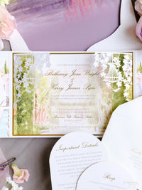 Luxury Wedding Invitation Suite with Watercolour Venue and Gold Foil | Villa Padierna Palace Marbella | Bespoke Commission for B&H