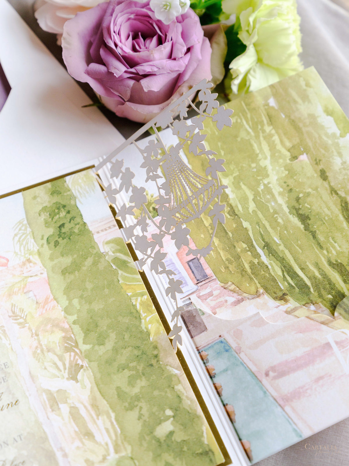 Luxury Wedding Invitation Suite with Watercolour Venue and Gold Foil | Villa Padierna Palace Marbella | Bespoke Commission for B&H