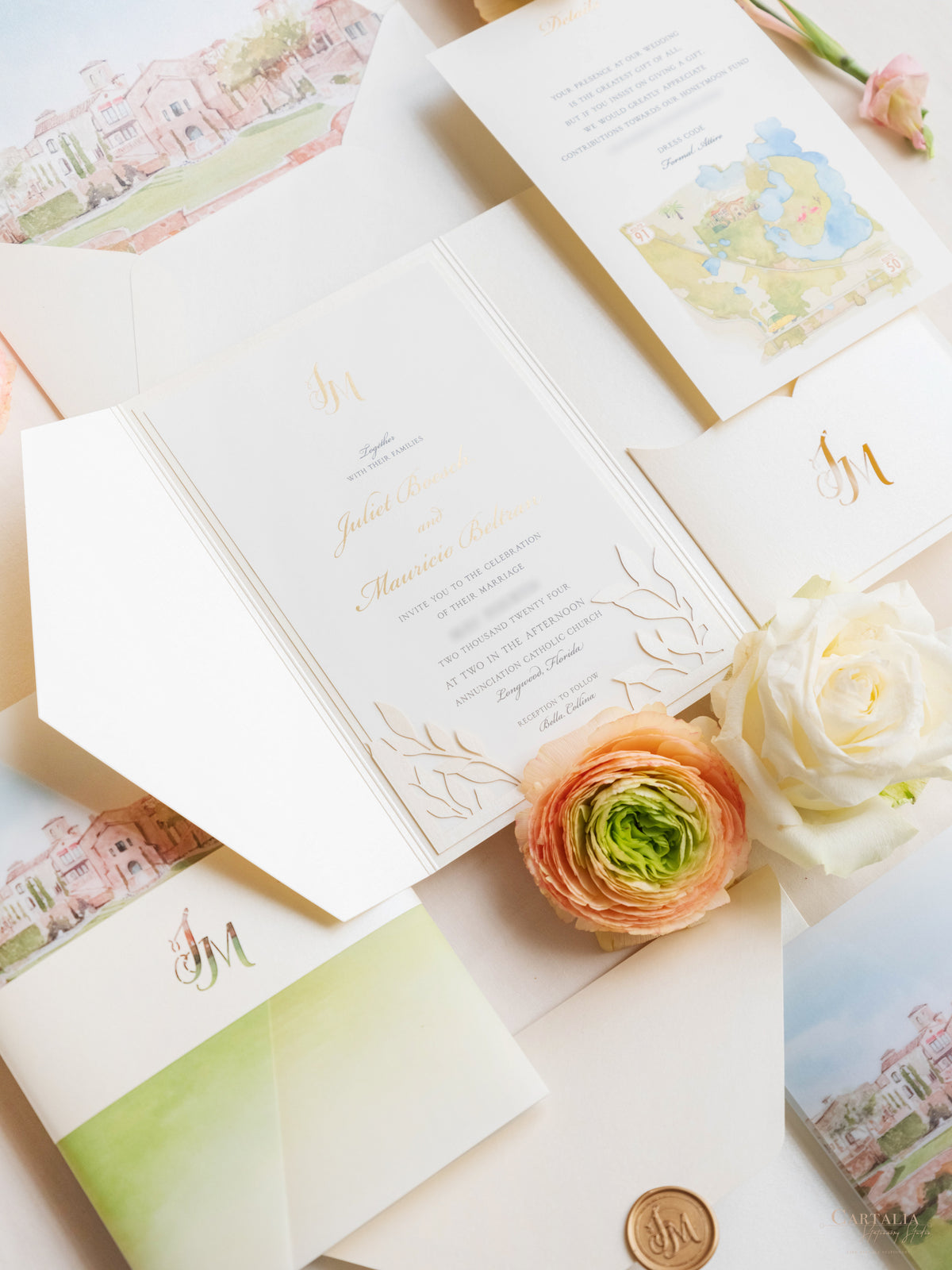 Ilustración personalizada del lugar de la boda ? Lugar frustrado Reserve la fecha en lámina dorada | MUESTRA