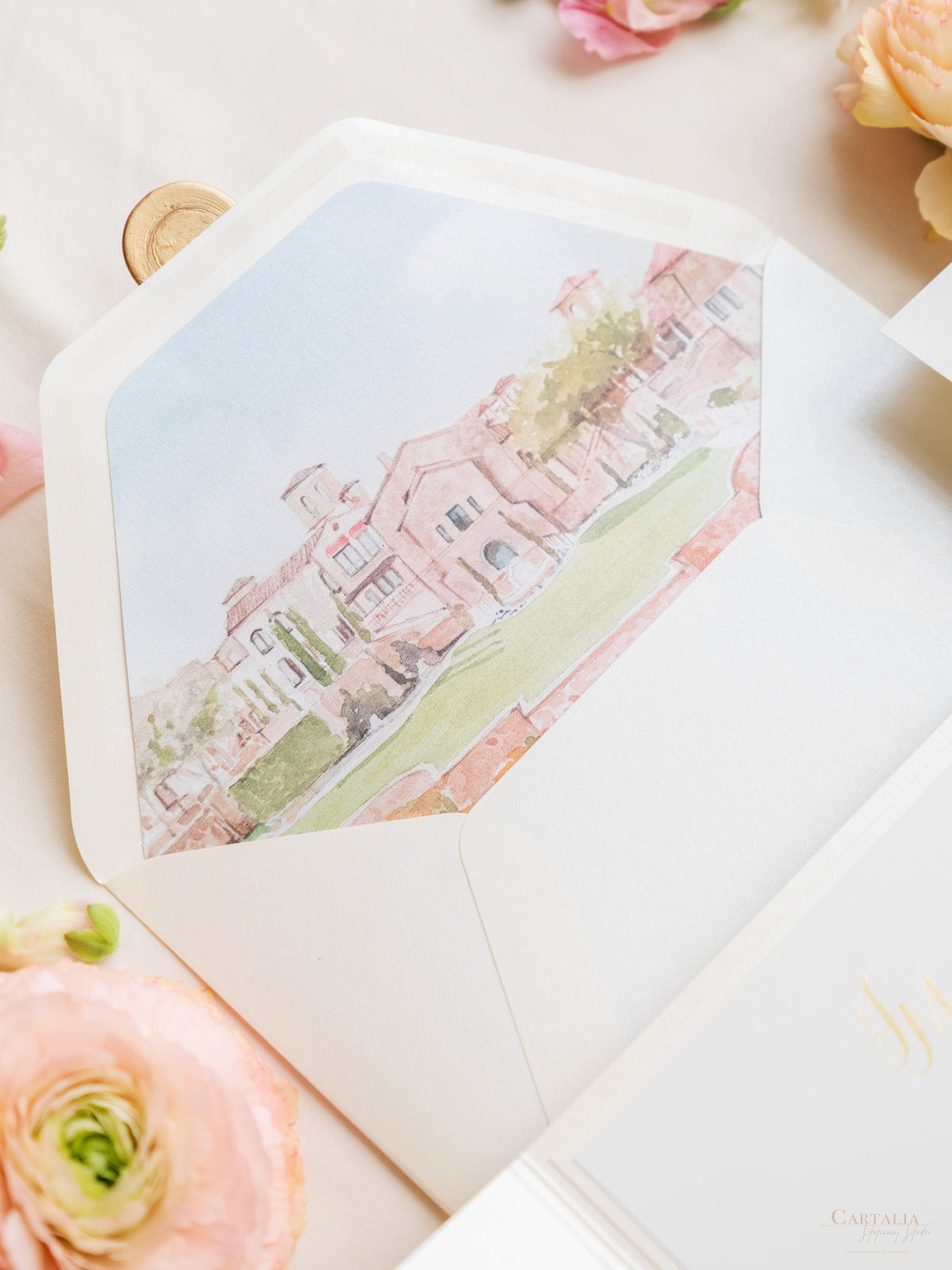 Ilustración personalizada del lugar de la boda ? Lugar frustrado Reserve la fecha en lámina dorada | MUESTRA