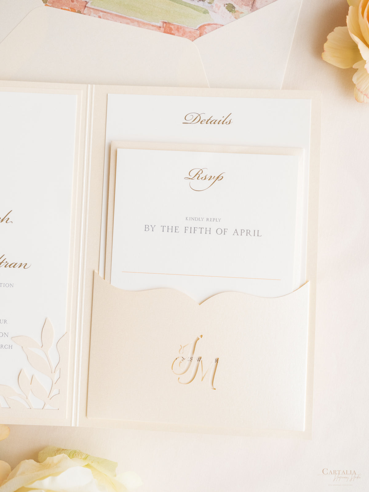 Ilustración personalizada del lugar de la boda ? Lugar frustrado Reserve la fecha en lámina dorada | MUESTRA
