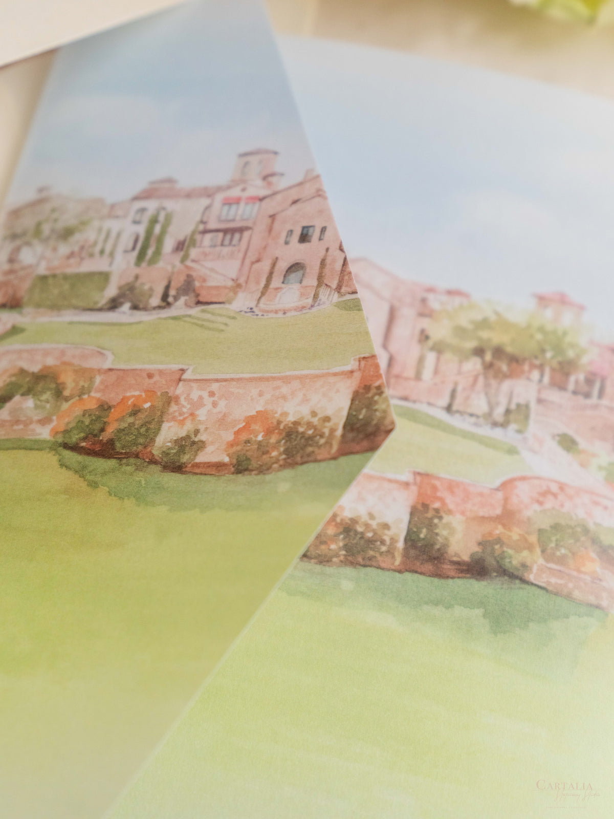 Ilustración personalizada del lugar de la boda ? Lugar frustrado Reserve la fecha en lámina dorada | MUESTRA