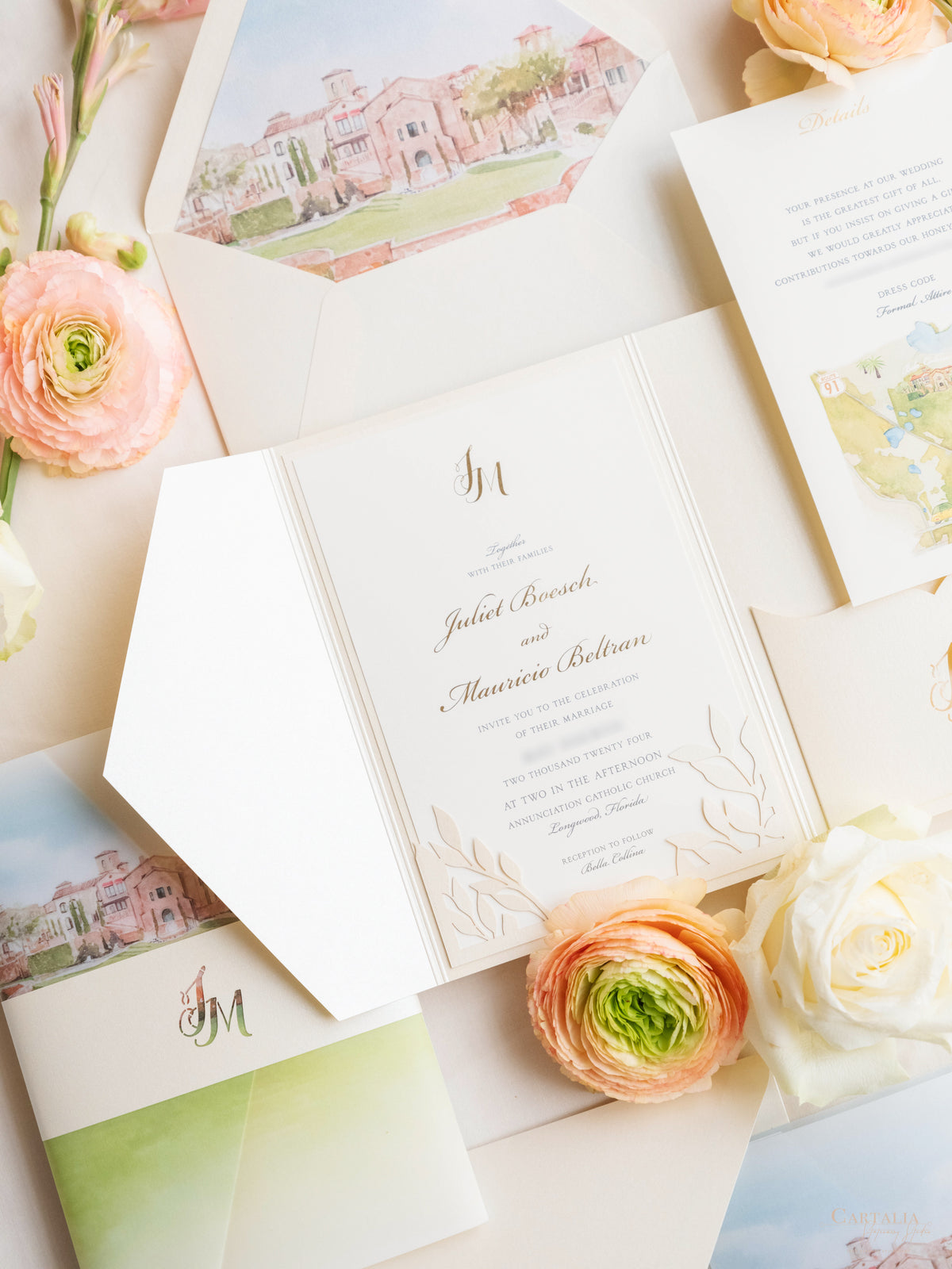 Ilustración personalizada del lugar de la boda ? Lugar frustrado Reserve la fecha en lámina dorada | MUESTRA