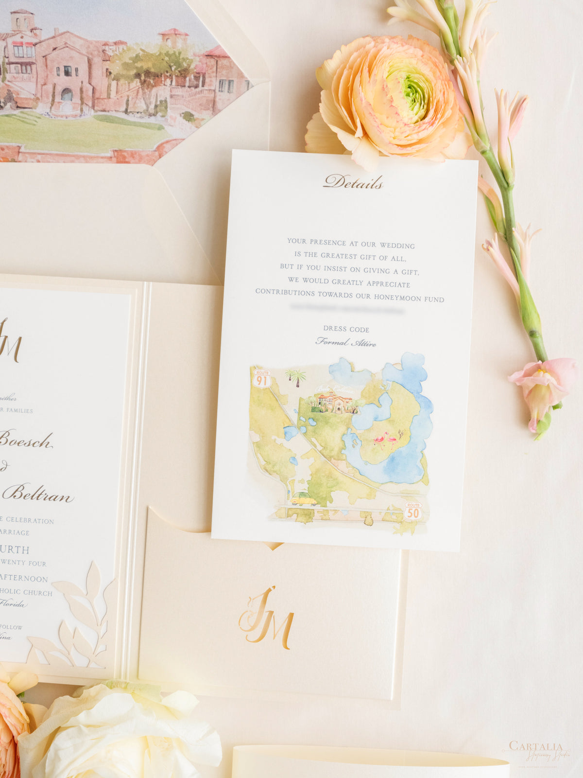 Ilustración personalizada del lugar de la boda ? Lugar frustrado Reserve la fecha en lámina dorada | MUESTRA