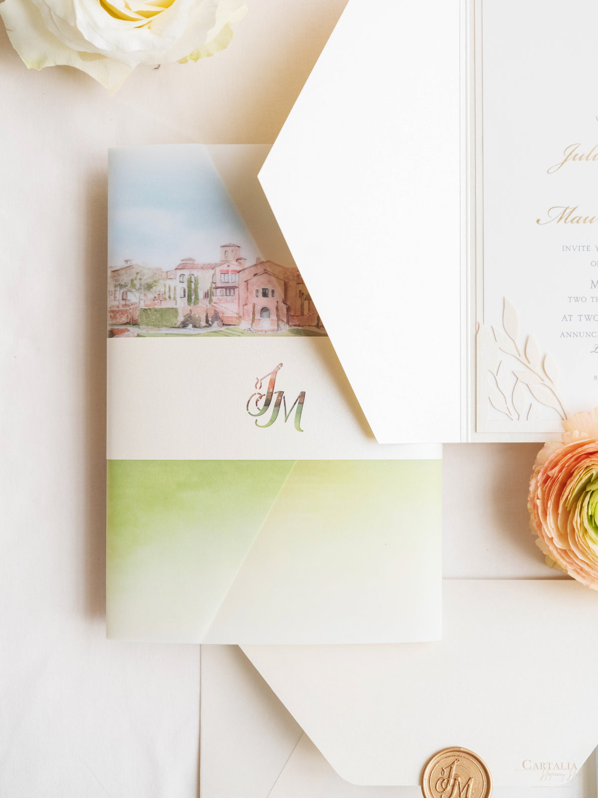 Ilustración personalizada del lugar de la boda ? Lugar frustrado Reserve la fecha en lámina dorada | MUESTRA