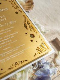 Papelería para la cena de gala del Congreso DWP con espejo dorado y recortes de arrecifes de coral | Rodas, Grecia
