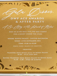 Papelería para la cena de gala del Congreso DWP con espejo dorado y recortes de arrecifes de coral | Rodas, Grecia