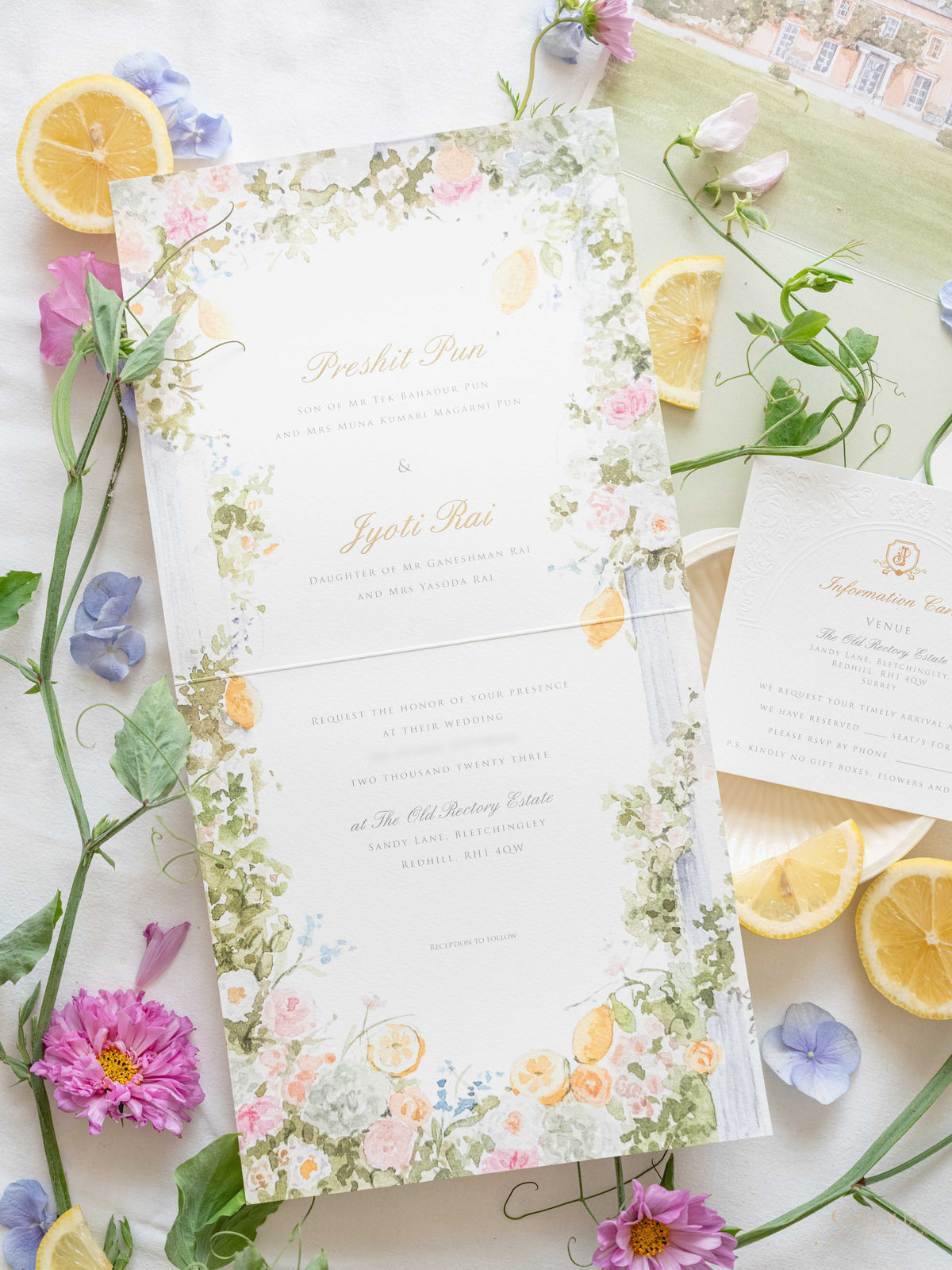 Bespoke Book Boxed Style Luxury Hand Made Pocket | Watercolor Floral Lemon Motifs | The Old Rectory Estate, Bletchingley