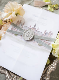Lujosa suite de invitación en pergamino con diseño de acuarela personalizado | Comisión personalizada J&C