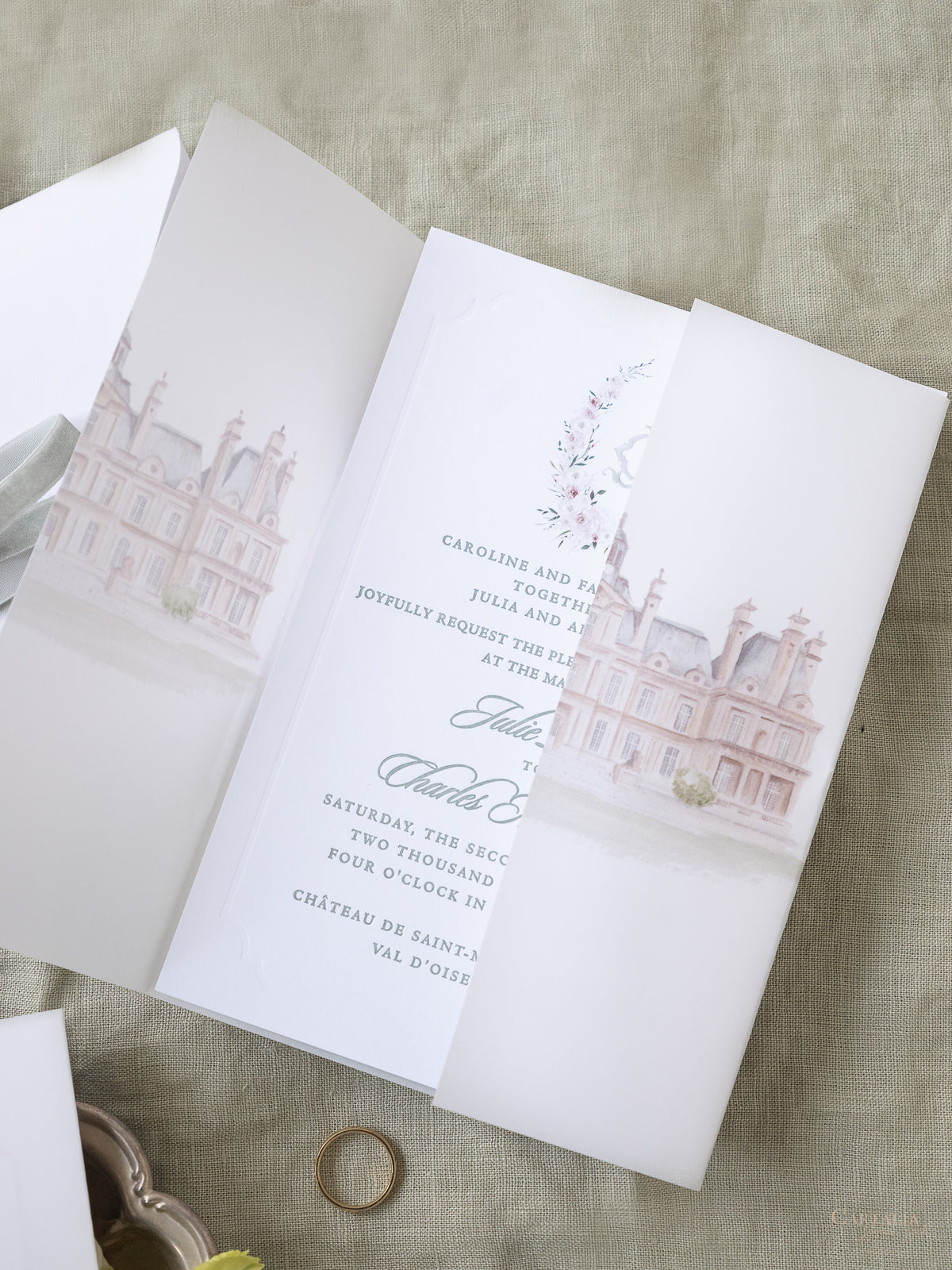 Lujosa suite de invitación en pergamino con diseño de acuarela personalizado | Comisión personalizada J&C
