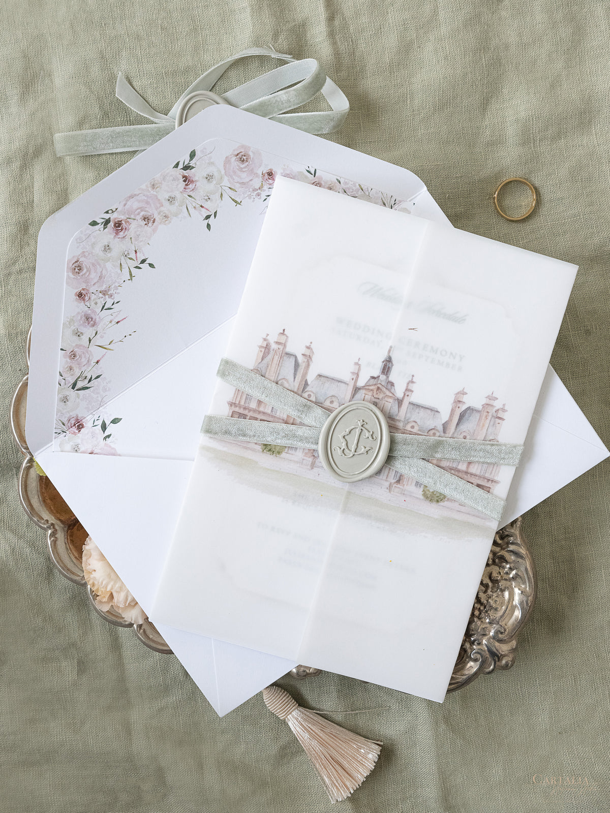 Lujosa suite de invitación en pergamino con diseño de acuarela personalizado | Comisión personalizada J&C