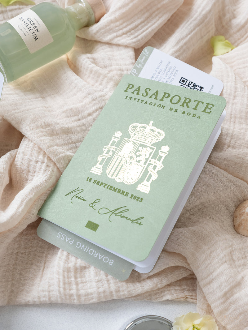 Sage Green Vegan Leather Passport Invitation Bespoke Commission N&A