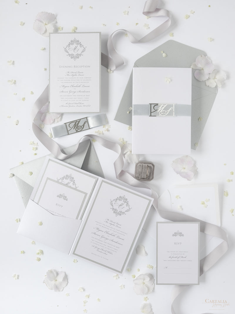 Shimmering Silver Monogram Pocket Wedding Invitation Suite – Cartalia