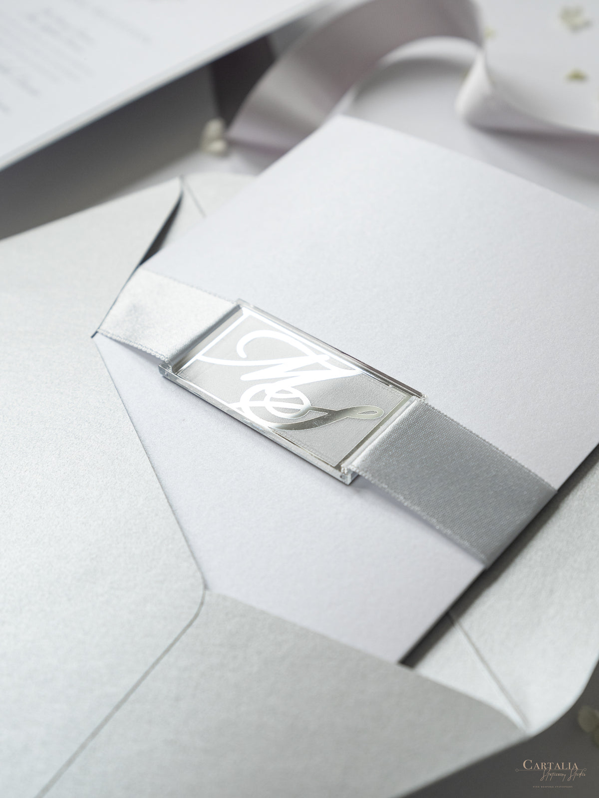 Suite de invitación de boda con bolsillo con monograma plateado brillante