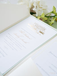 Custom Wedding Venue Illustration |  Foiled Venue Invitation Pocket Suite in Classic Envelope Fold in Gold Foil | SAMPLE