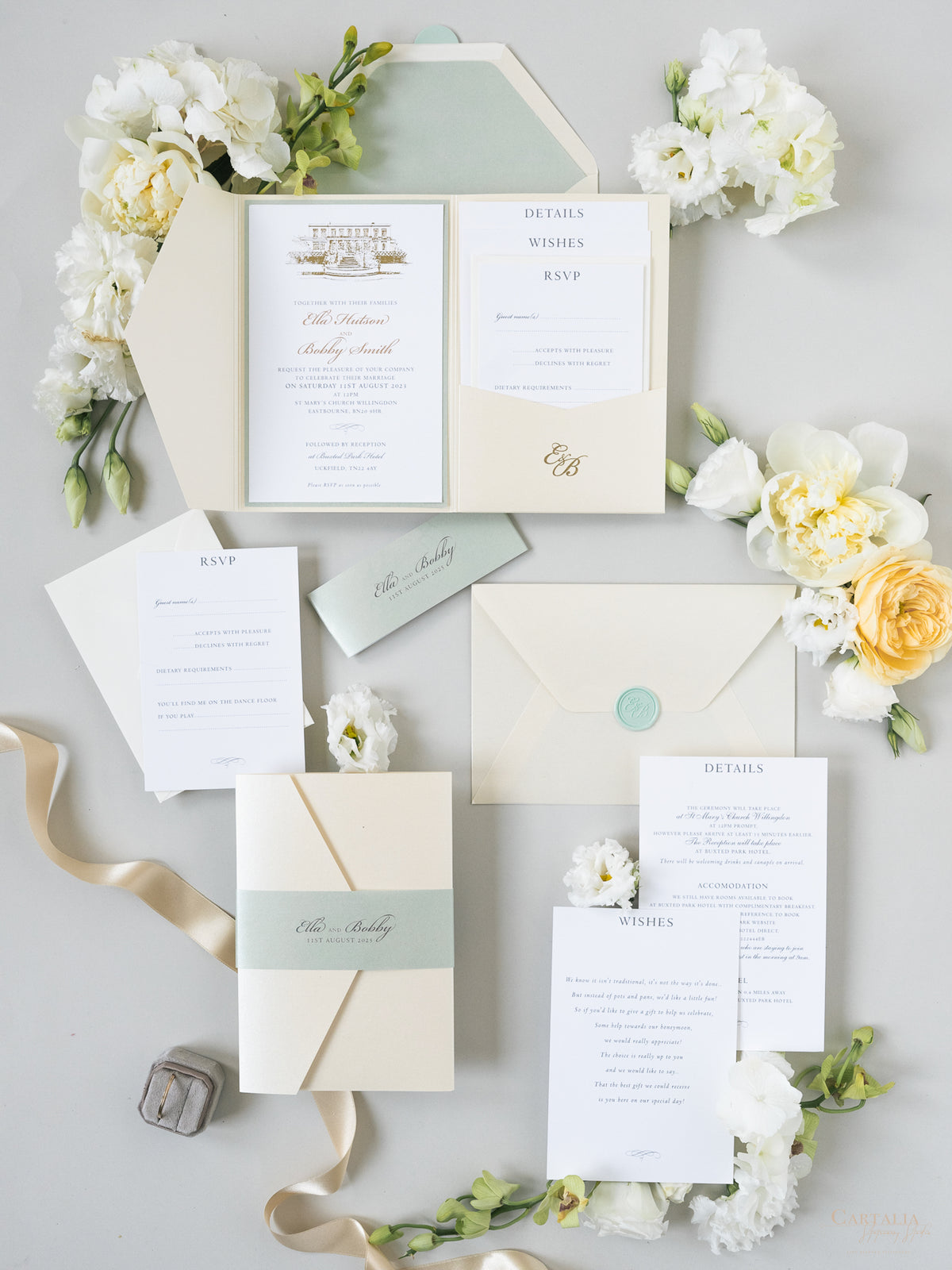 Custom Wedding Venue Illustration |  Foiled Venue Invitation Pocket Suite in Classic Envelope Fold in Gold Foil | SAMPLE