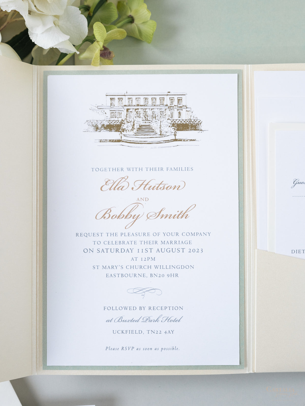 Custom Wedding Venue Illustration |  Foiled Venue Invitation Pocket Suite in Classic Envelope Fold in Gold Foil | SAMPLE