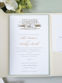 Custom Wedding Venue Illustration |  Foiled Venue Invitation Pocket Suite in Classic Envelope Fold in Gold Foil | SAMPLE
