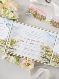 Invitación de boda de bolsillo triple con acuarela del lugar y sello de cera ovalado | Comisión personalizada E&L