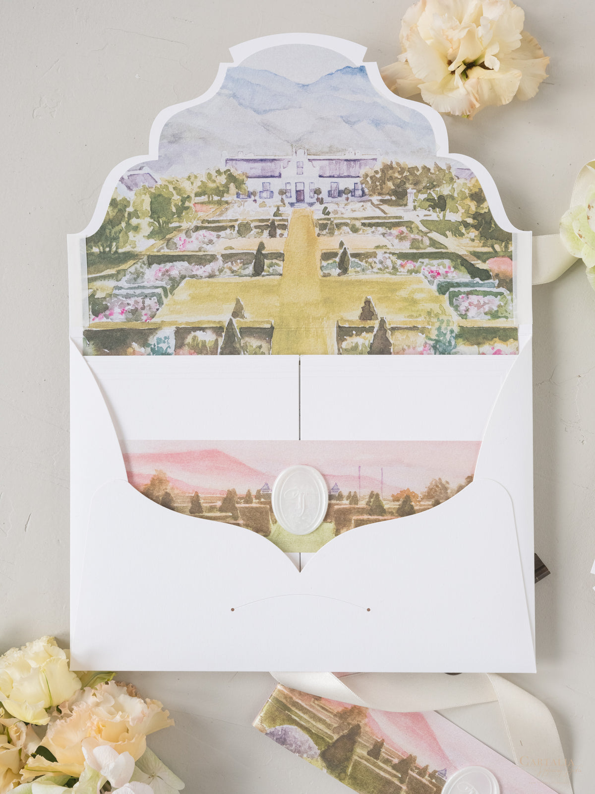 Invitación de boda de bolsillo triple con acuarela del lugar y sello de cera ovalado | Comisión personalizada E&L