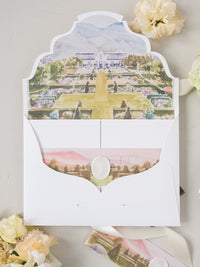 Invitación de boda de bolsillo triple con acuarela del lugar y sello de cera ovalado | Comisión personalizada E&L
