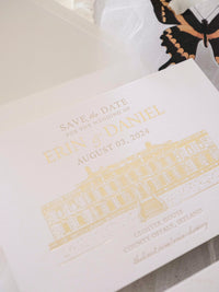 Tipografía Guardar la fecha con boceto del lugar de lámina dorada | CASA GLOSTER