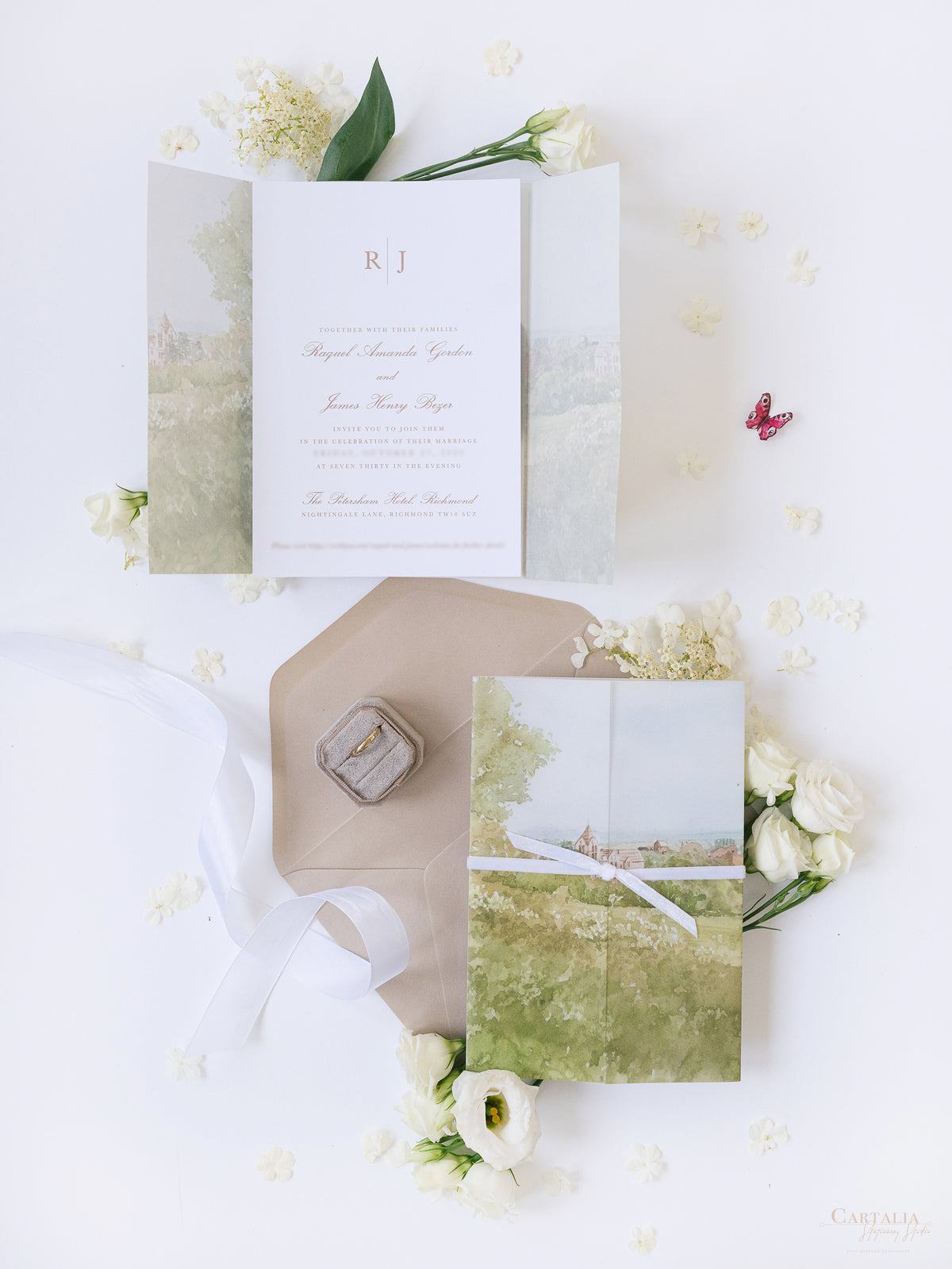 Invitación de boda de acuarela de pergamino | Hotel Petersham | Comisión R&J a medida