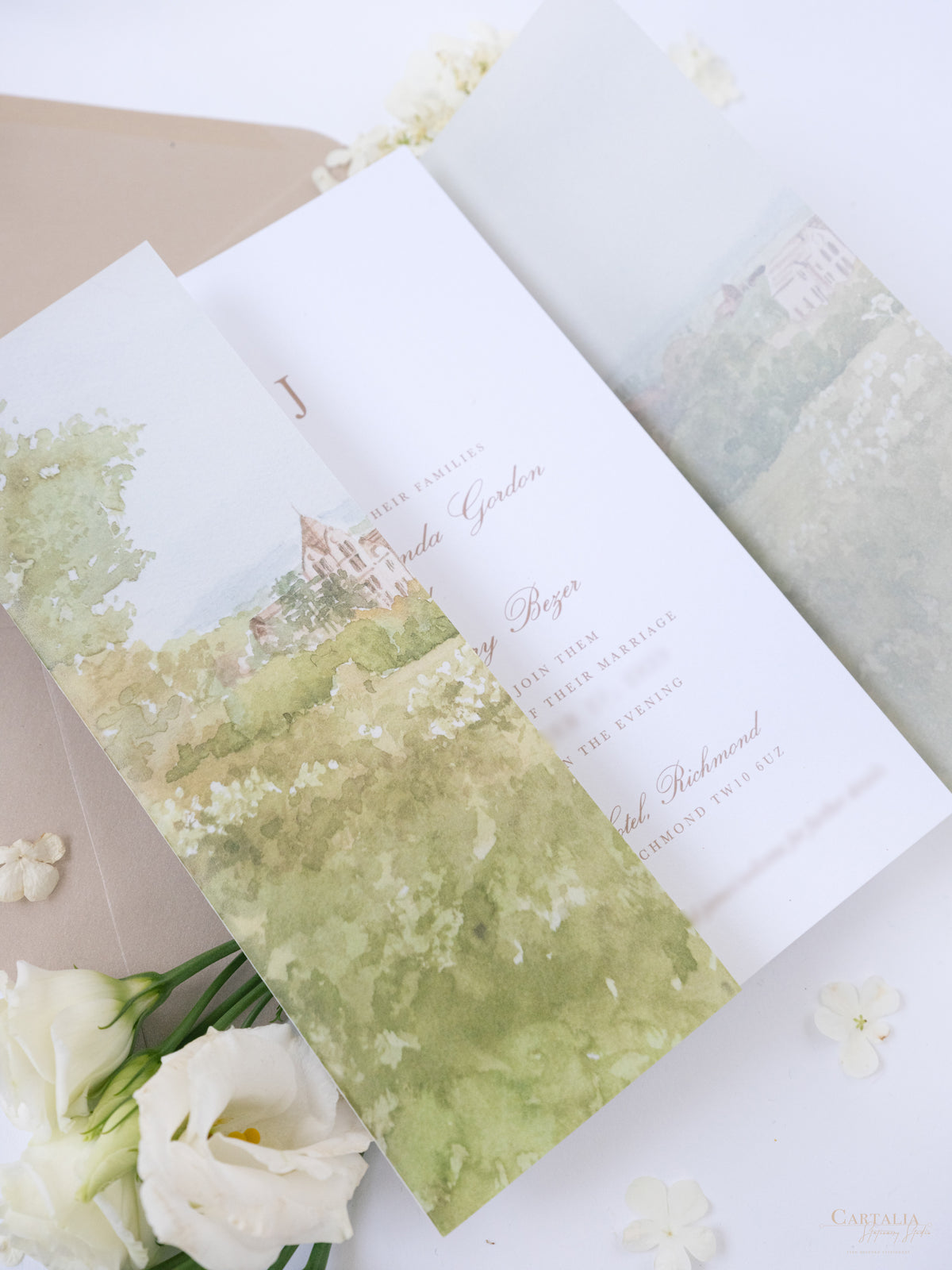 Invitación de boda de acuarela de pergamino | Hotel Petersham | Comisión R&J a medida