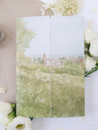 Invitación de boda de acuarela de pergamino | Hotel Petersham | Comisión R&J a medida
