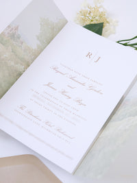 Invitación de boda de acuarela de pergamino | Hotel Petersham | Comisión R&J a medida