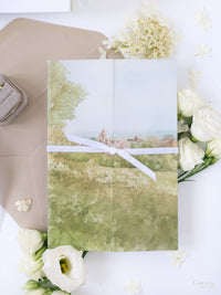 Invitación de boda de acuarela de pergamino | Hotel Petersham | Comisión R&J a medida
