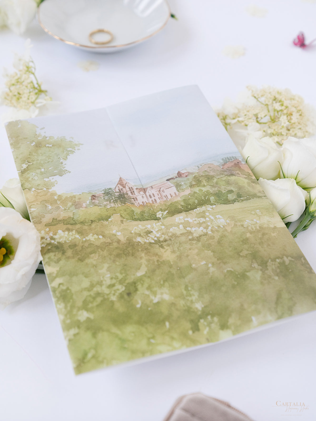 Invitación de boda de acuarela de pergamino | Hotel Petersham | Comisión R&J a medida