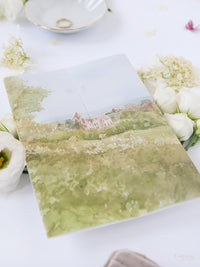 Invitación de boda de acuarela de pergamino | Hotel Petersham | Comisión R&J a medida