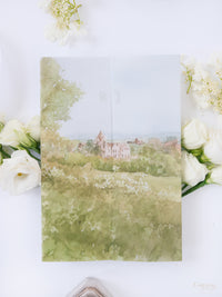 Invitación de boda de acuarela de pergamino | Hotel Petersham | Comisión R&J a medida