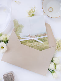 Invitación de boda de acuarela de pergamino | Hotel Petersham | Comisión R&J a medida