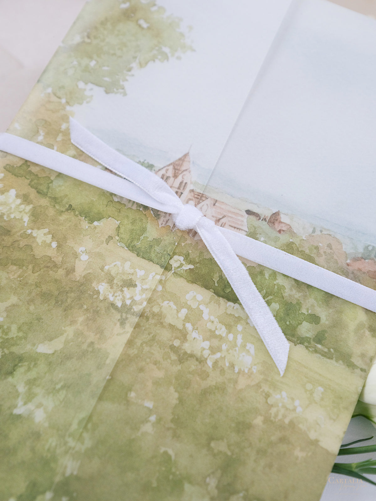 Invitación de boda de acuarela de pergamino | Hotel Petersham | Comisión R&J a medida