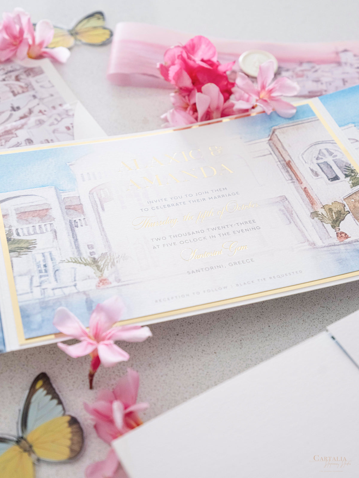 Acuarela Santorini, suite de invitación de boda de Grecia | Comisión personalizada A&A